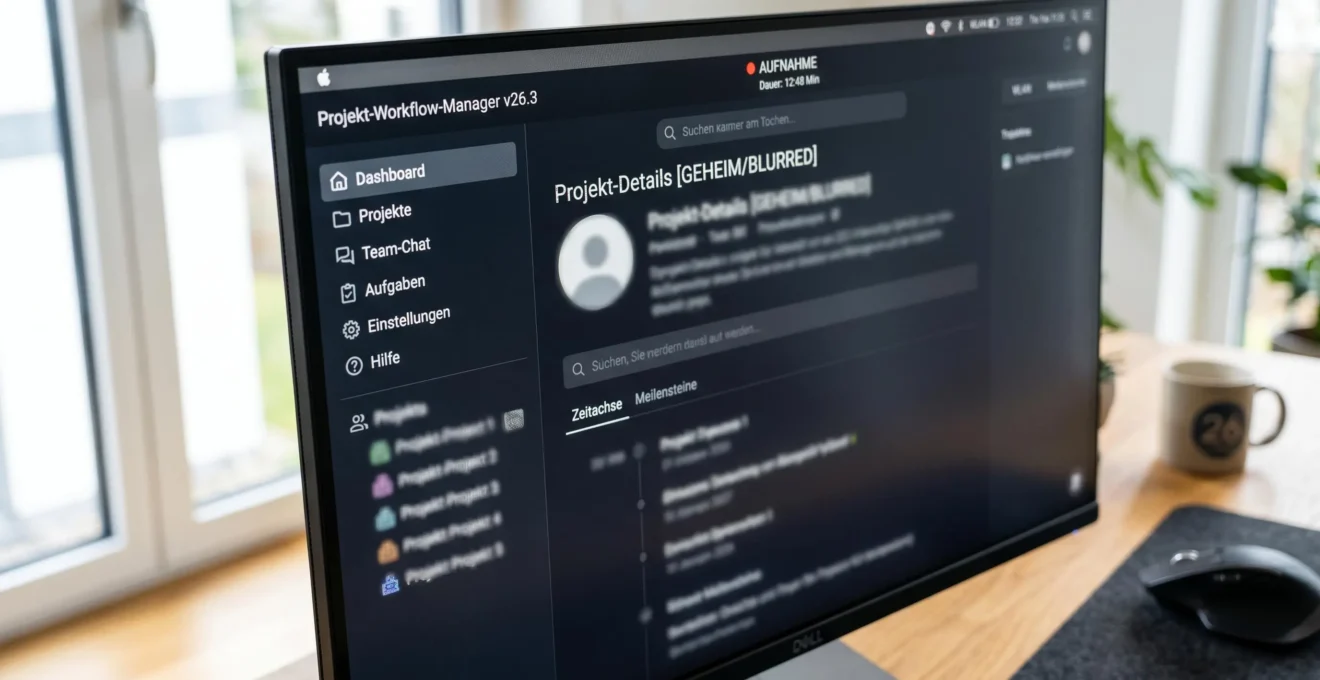 Nahaufnahme eines Computerbildschirms mit Software-Interface während einer Tutorial-Aufnahme, teilweise unscharf für Datenschutz