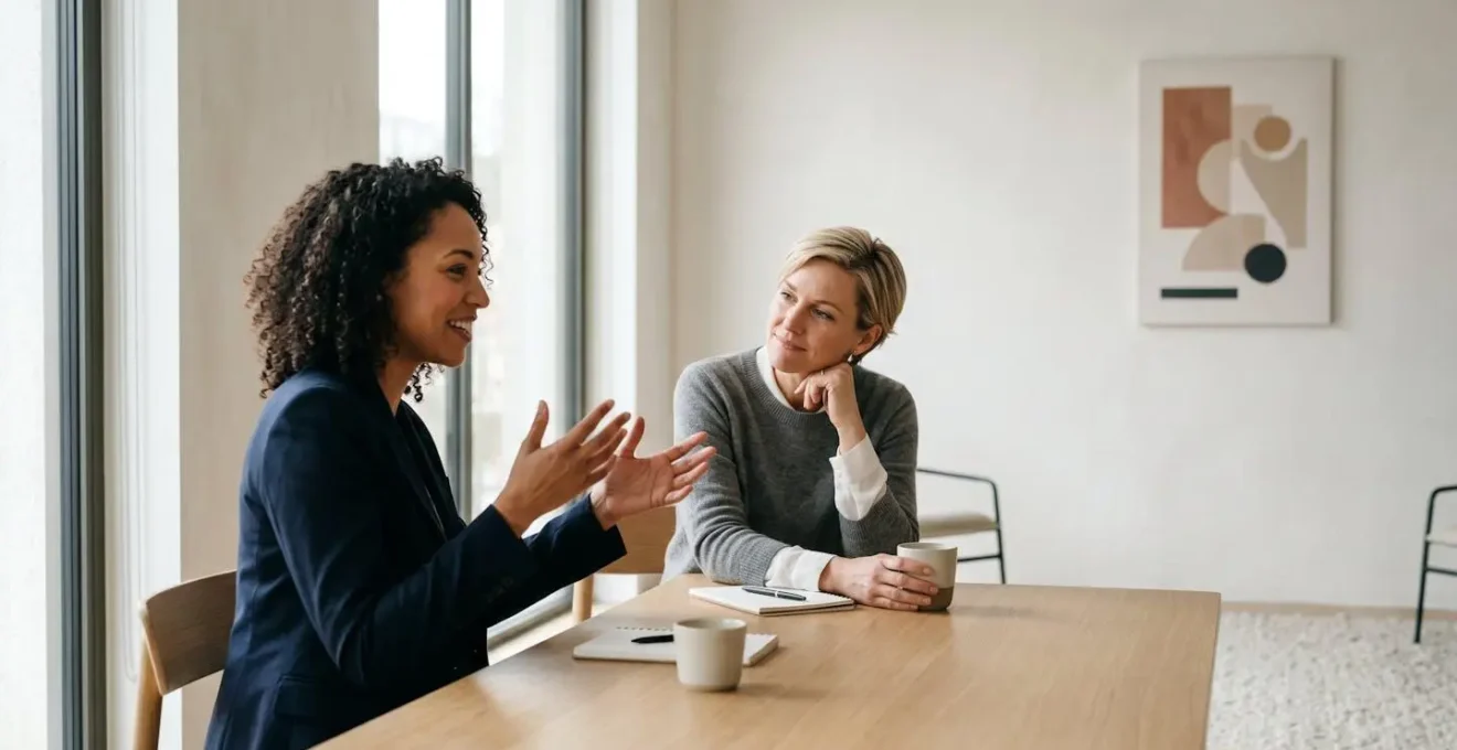 Professionelle Szene die emotionale Verbindung zwischen Menschen durch Geschichten symbolisiert im modernen Geschäftskontext