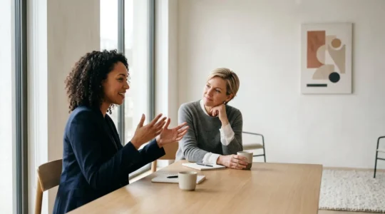 Professionelle Szene die emotionale Verbindung zwischen Menschen durch Geschichten symbolisiert im modernen Geschäftskontext