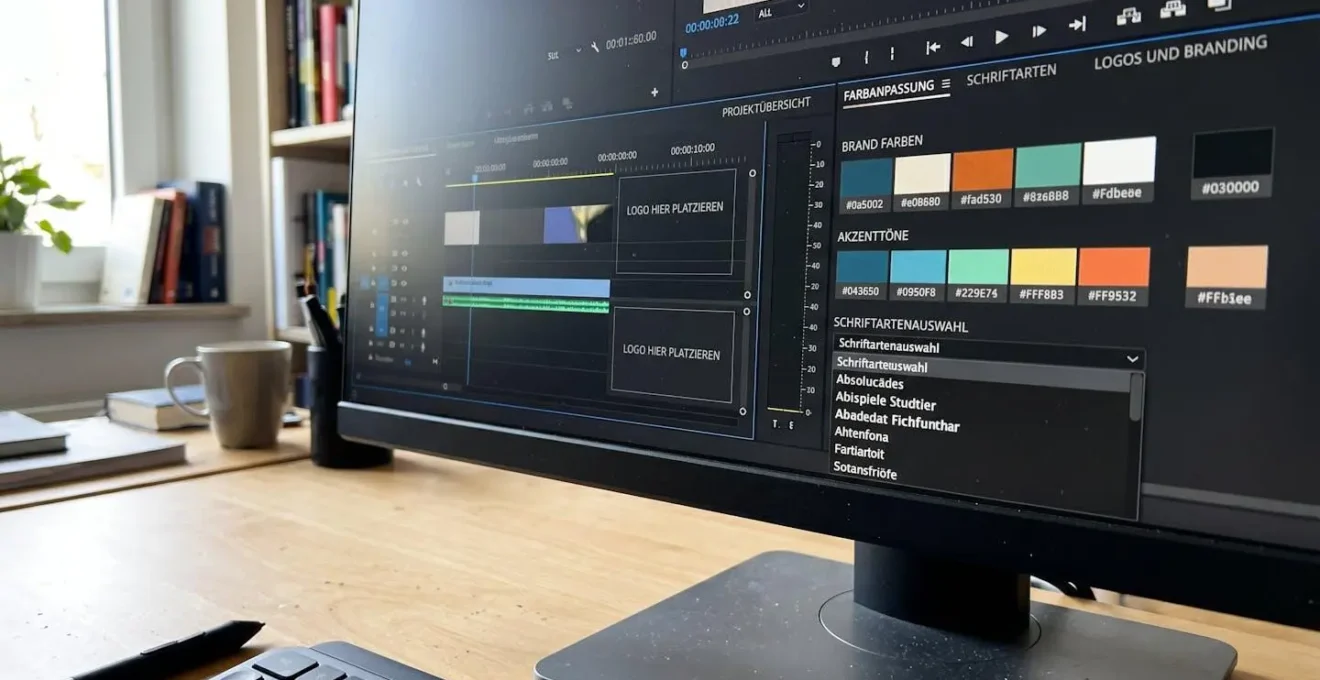 Nahaufnahme eines Computer-Monitors mit einer Video-Bearbeitungsoberfläche, die Farbpaletten-Auswahl, Schriftmenü und Logo-Platzierungshilfen zeigt
