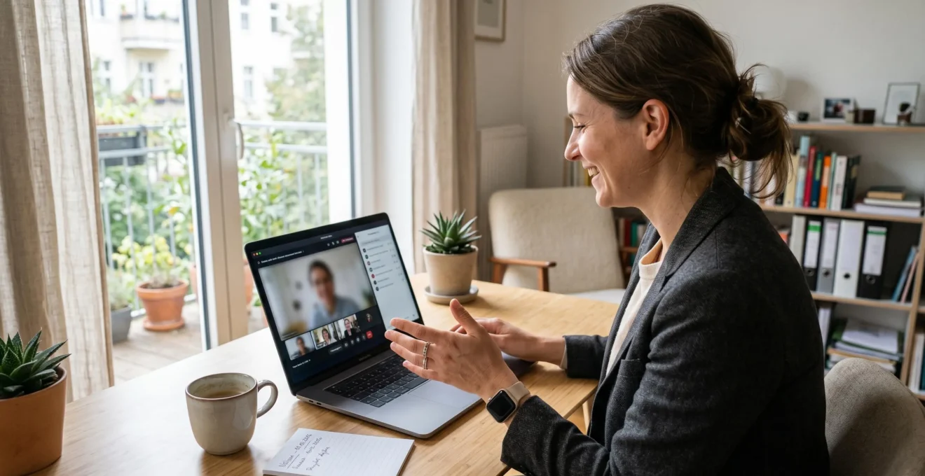 Eine Geschäftsperson führt einen professionellen Video-Call an ihrem Laptop in einem hellen Home-Office durch