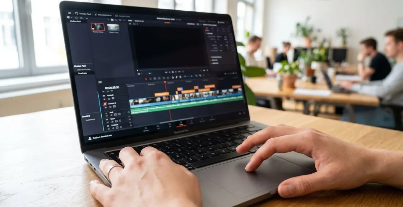 Nahaufnahme von Händen, die auf einem modernen Laptop eine Video-Timeline bearbeiten, mit teilweise sichtbarer Benutzeroberfläche und unscharfem Bürohintergrund