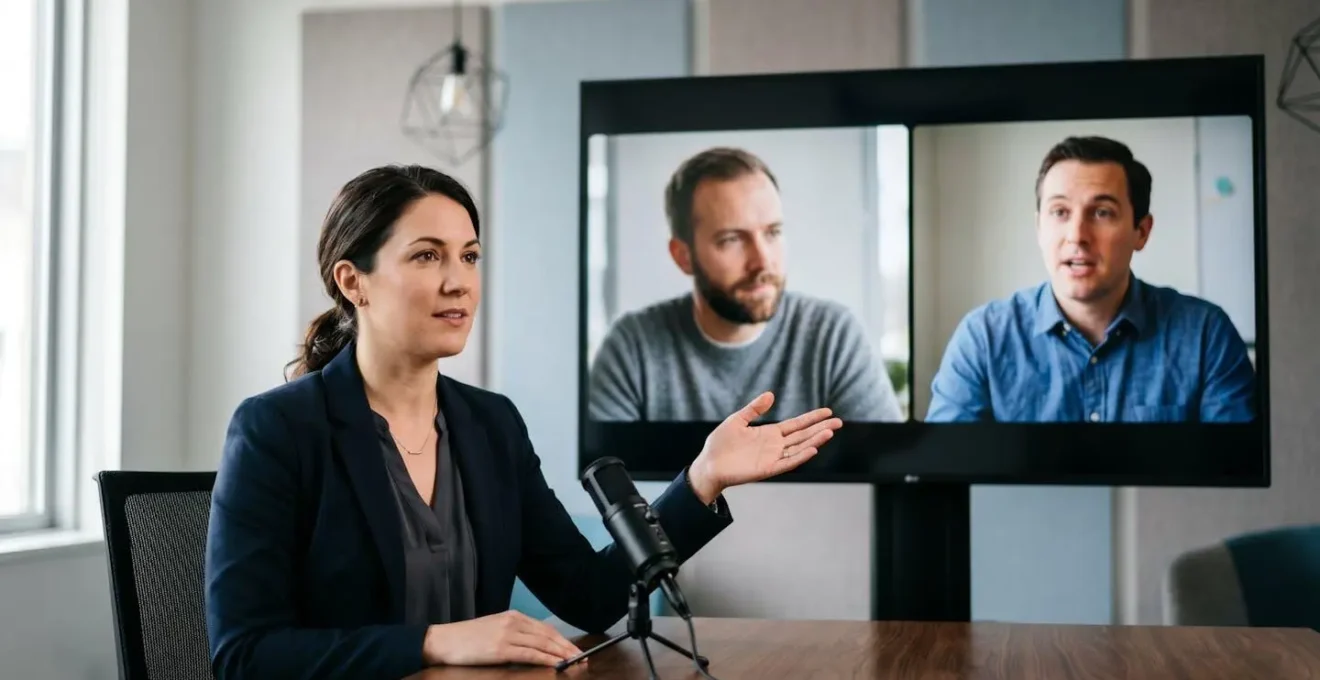 Moderator lenkt konstruktive Diskussion zwischen Teilnehmern während eines professionellen Webinars