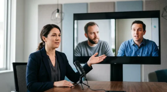 Moderator lenkt konstruktive Diskussion zwischen Teilnehmern während eines professionellen Webinars