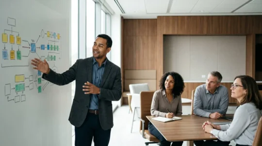Professionelle B2B-Präsentationssituation mit vereinfachter visueller Kommunikation zwischen Experten und Entscheidern