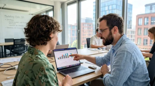 Zwei Marketing-Fachleute betrachten gemeinsam farbige Diagramme und Grafiken auf einem Laptop-Bildschirm in einem hellen modernen Büro