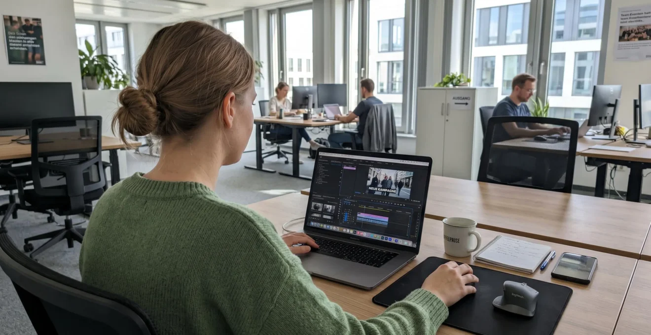 Ein Marketing-Mitarbeiter arbeitet an einem modernen Laptop im hellen Büro und betrachtet eine Video-Bearbeitungsoberfläche mit Markenvorlagen