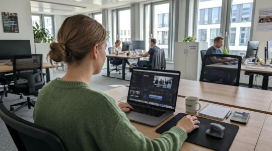 Ein Marketing-Mitarbeiter arbeitet an einem modernen Laptop im hellen Büro und betrachtet eine Video-Bearbeitungsoberfläche mit Markenvorlagen