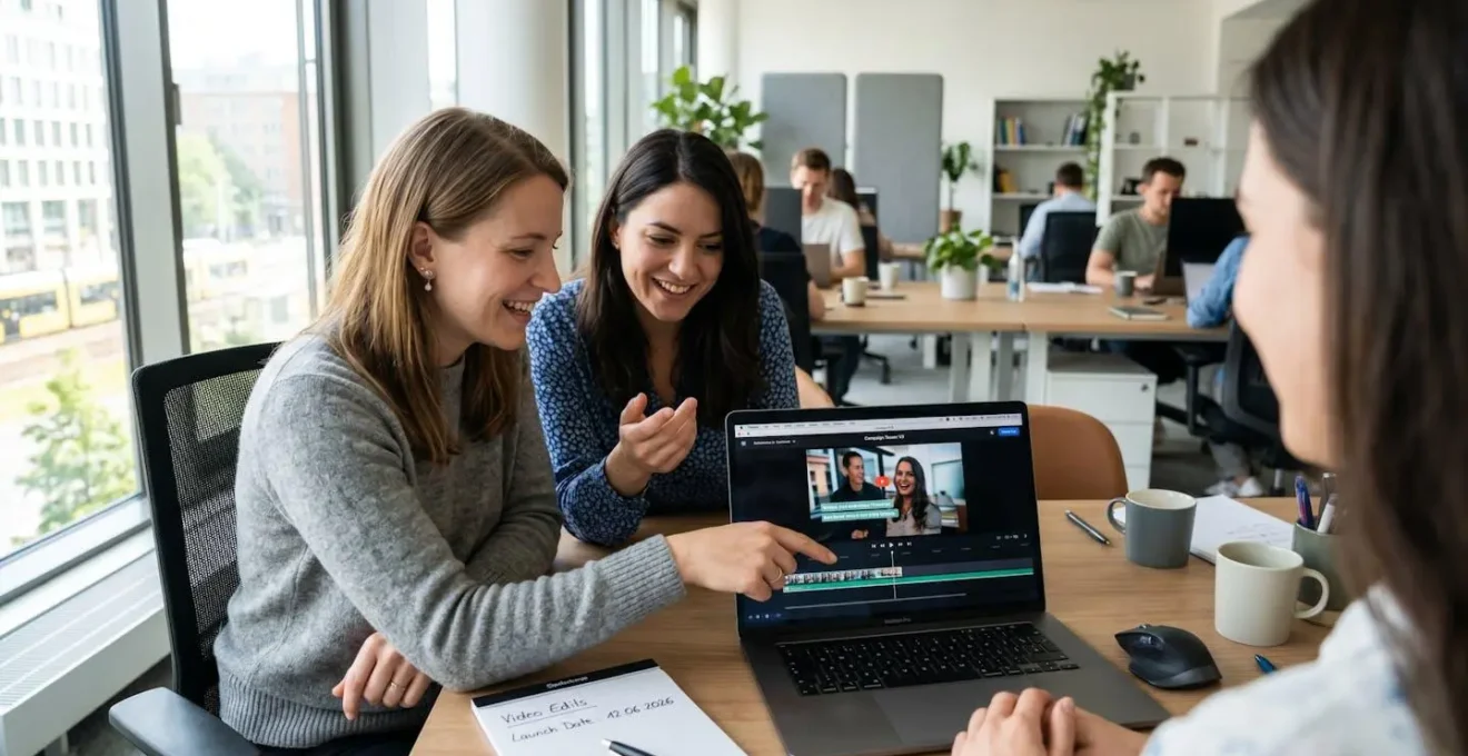 Zwei Marketing-Profis arbeiten gemeinsam an einem Laptop in einem hellen modernen Büro und betrachten Video-Content auf dem Bildschirm
