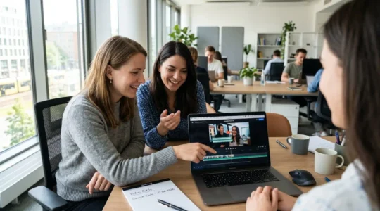 Zwei Marketing-Profis arbeiten gemeinsam an einem Laptop in einem hellen modernen Büro und betrachten Video-Content auf dem Bildschirm
