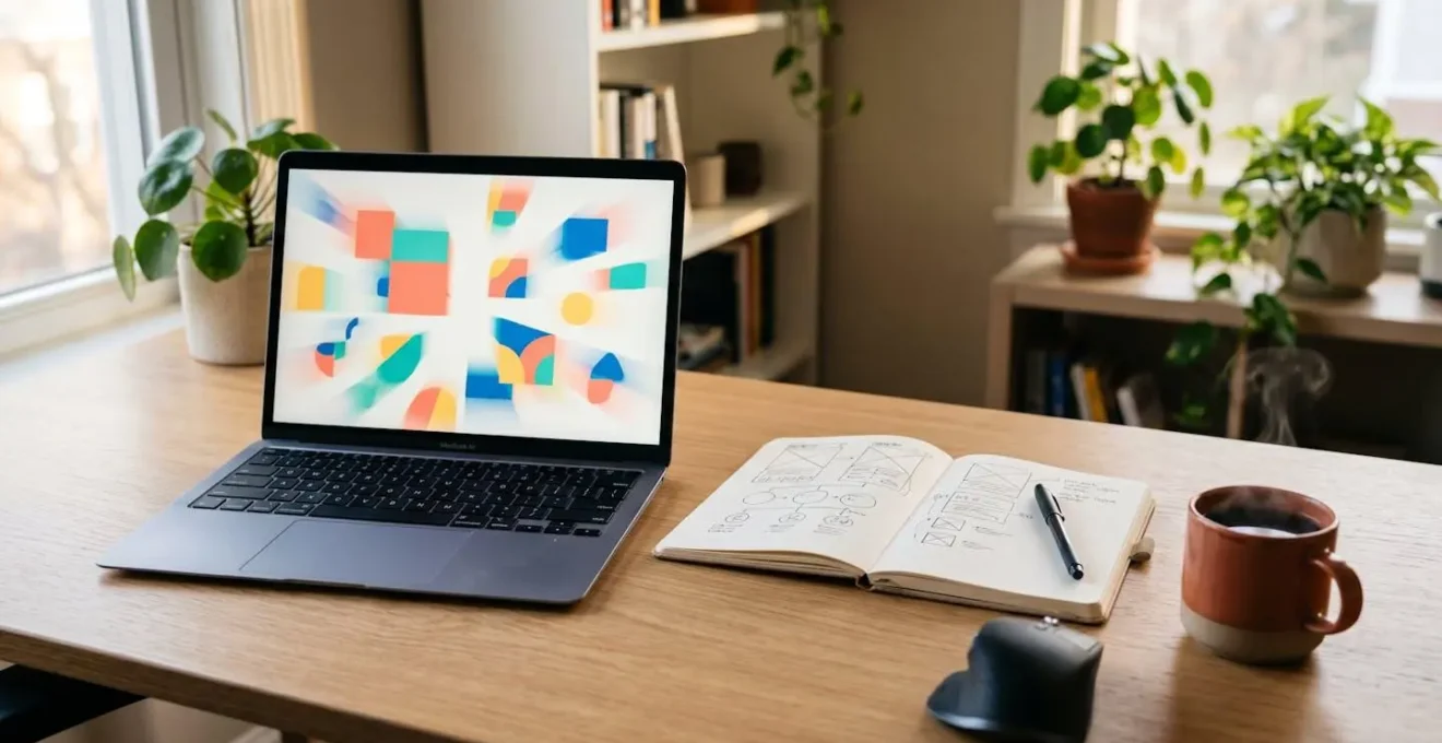 Professioneller Arbeitsplatz mit digitalen Design-Elementen und KI-gestützten Workflows für skalierbare Grafikproduktion