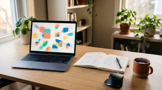 Professioneller Arbeitsplatz mit digitalen Design-Elementen und KI-gestützten Workflows für skalierbare Grafikproduktion