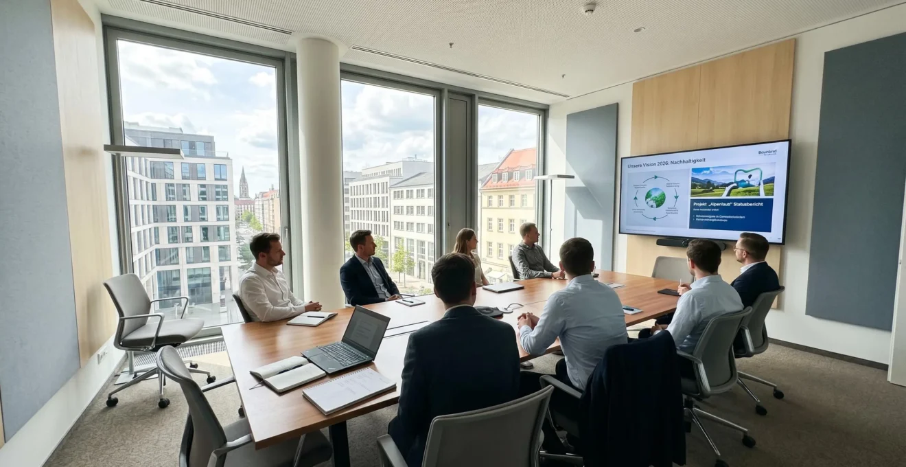 Moderner deutscher Büro-Besprechungsraum mit grossem Präsentationsbildschirm, der ein professionelles gebrandetes Webinar-Video zeigt, helle minimalistische Innenarchitektur