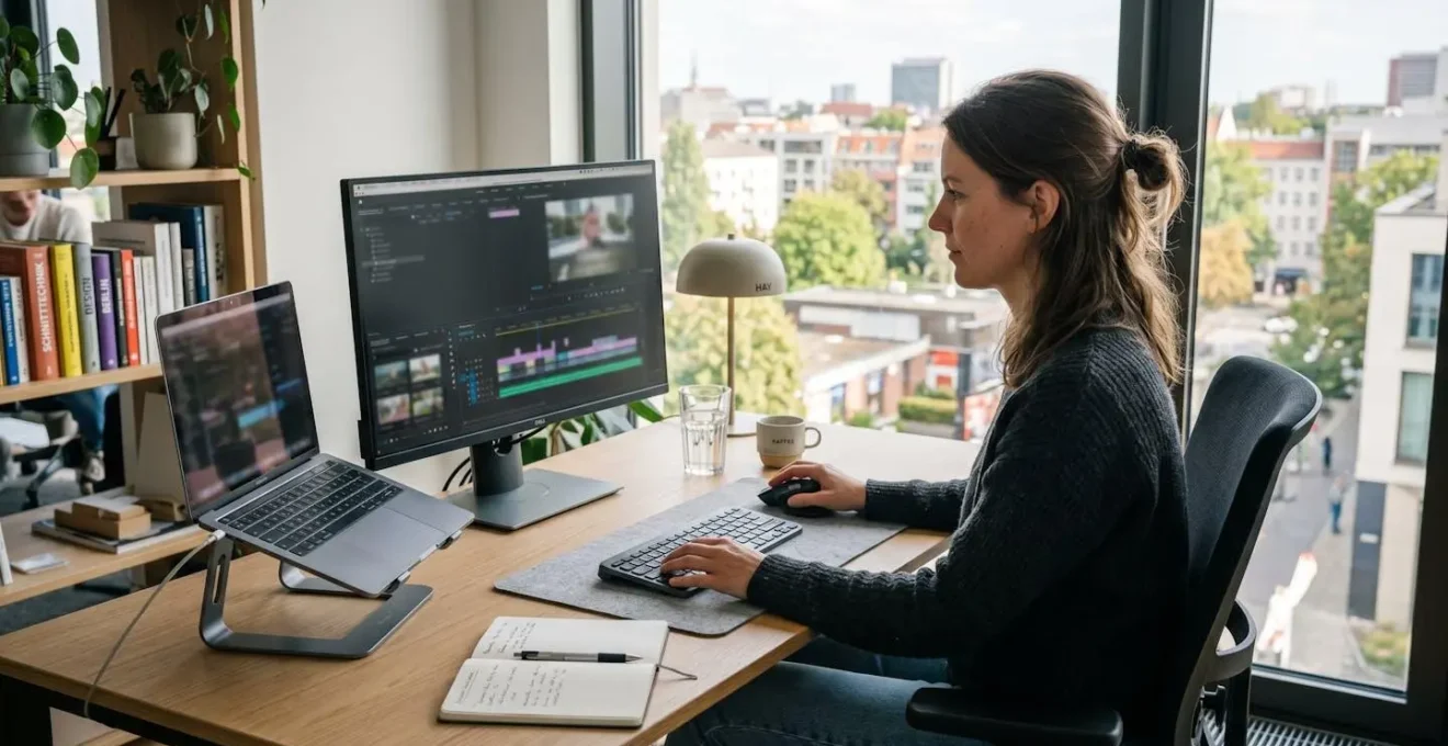 Minimalistischer Schreibtisch mit Laptop und zweitem Monitor bei hellem Tageslicht in modernem Büro
