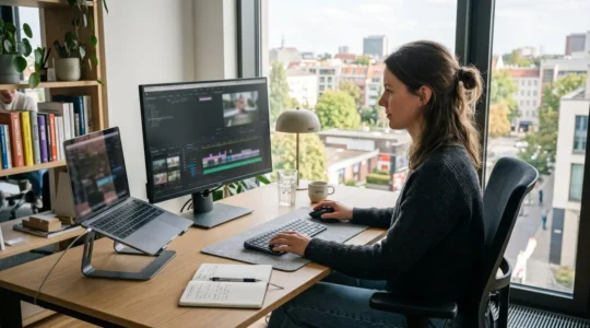 Minimalistischer Schreibtisch mit Laptop und zweitem Monitor bei hellem Tageslicht in modernem Büro