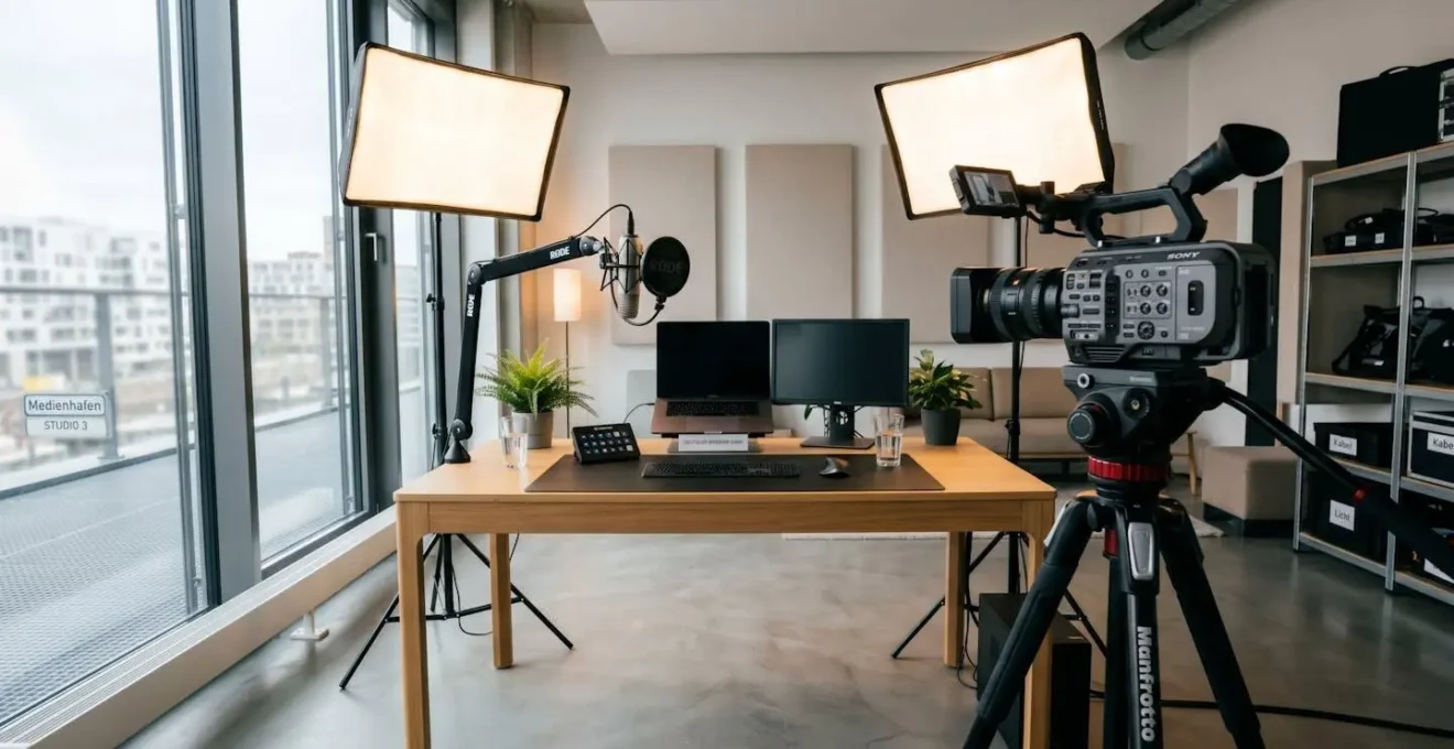 Ein leerer, moderner Webinar-Aufnahmeraum mit professionellem Kamera-Setup, Kondensatormikrofon und Softbox-Beleuchtung vor hellem Tageslicht