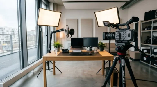 Ein leerer, moderner Webinar-Aufnahmeraum mit professionellem Kamera-Setup, Kondensatormikrofon und Softbox-Beleuchtung vor hellem Tageslicht