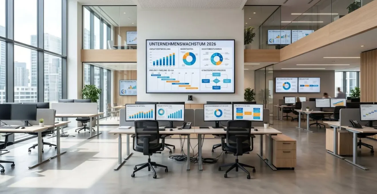 Weiter Blickwinkel auf ein modernes Büro mit mehreren Bildschirmen und Displays an der Wand, die verschiedene Infografik-Typen wie Zeitleisten, Diagramme und Prozessdarstellungen zeigen