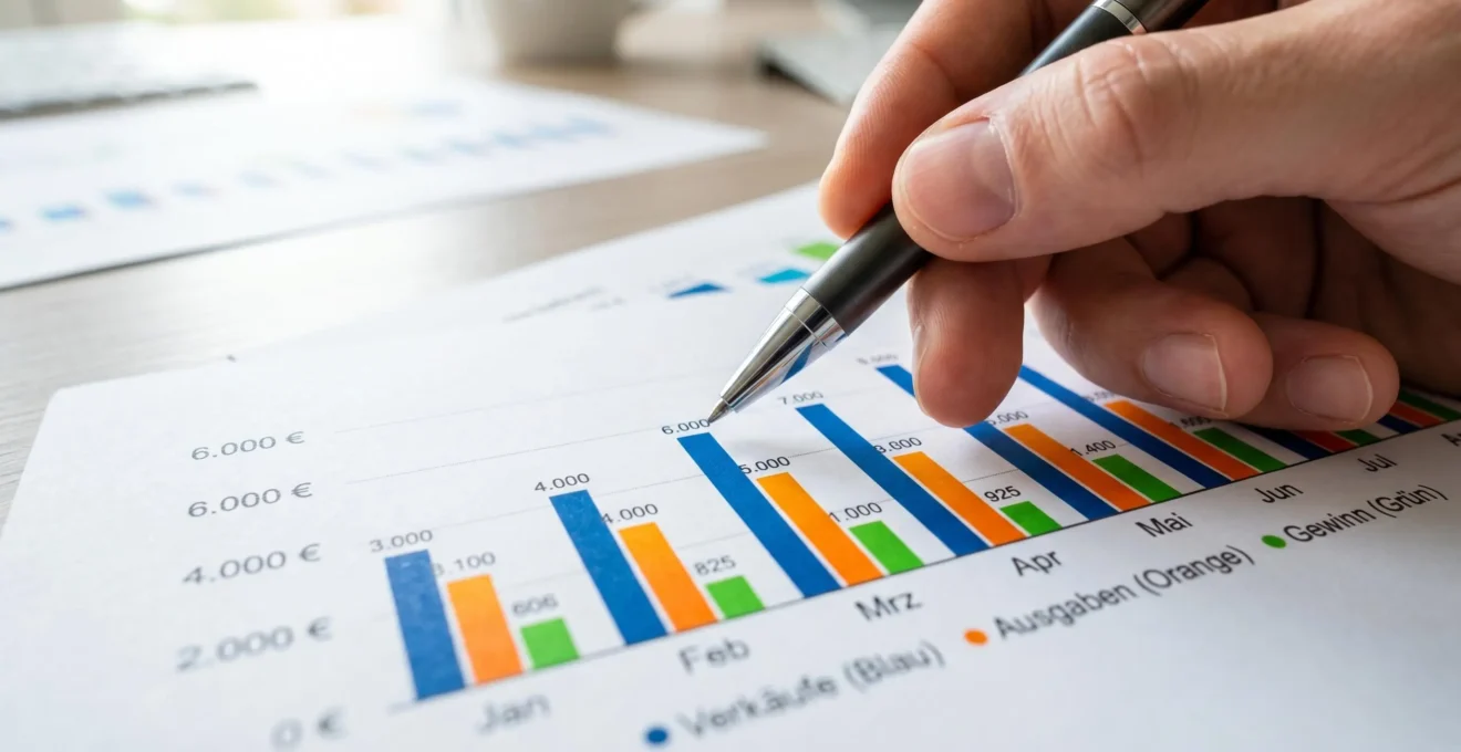 Extreme Nahaufnahme einer Hand mit Stift, die einen Datenpunkt auf einer gedruckten statistischen Infografik mit bunten Balkendiagrammen markiert