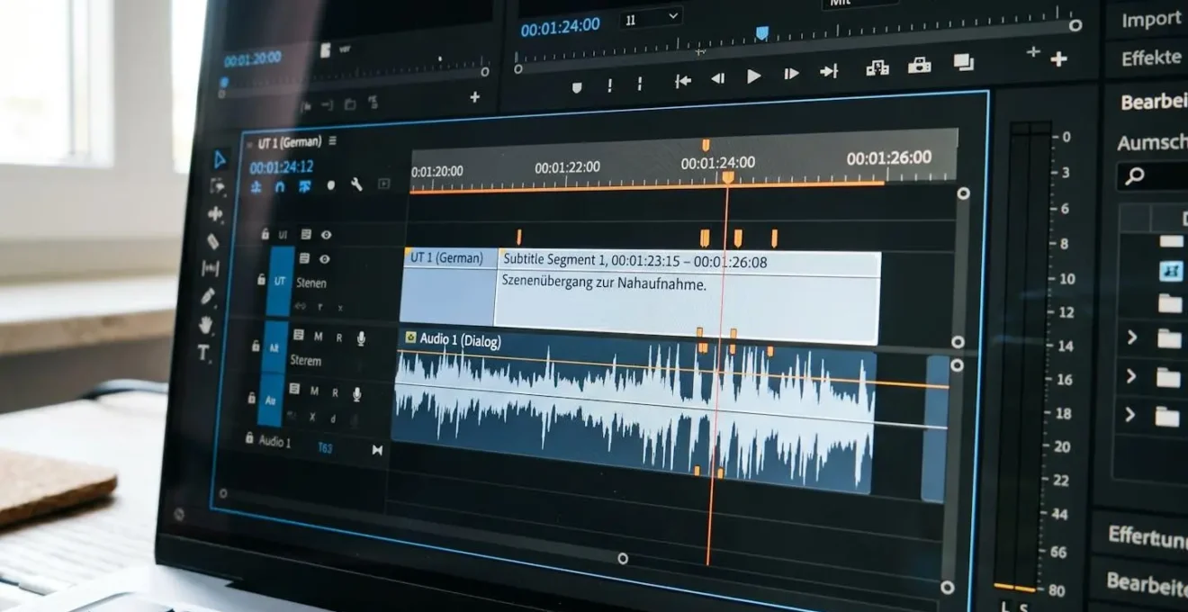 Extreme Nahaufnahme eines Computerbildschirms mit Videobearbeitungssoftware, Fokus auf eine Untertitelspur mit Wellenform und Synchronisationsmarkern, unscharfer Interface-Hintergrund
