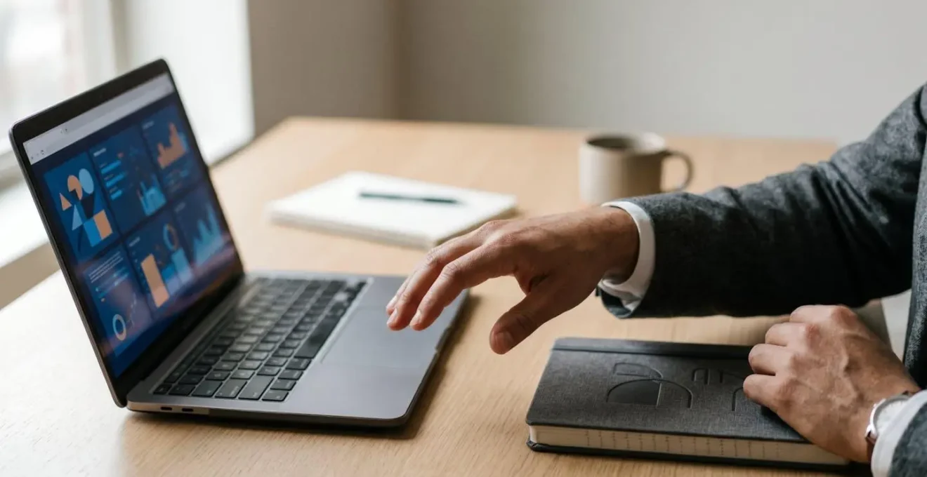 Person vor Laptop zeigt zögernde Geste zwischen Webinar-Präsentation und Kalender-Symbol, natürliches Licht, symbolische Darstellung der Entscheidungsbarriere