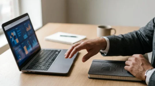 Person vor Laptop zeigt zögernde Geste zwischen Webinar-Präsentation und Kalender-Symbol, natürliches Licht, symbolische Darstellung der Entscheidungsbarriere