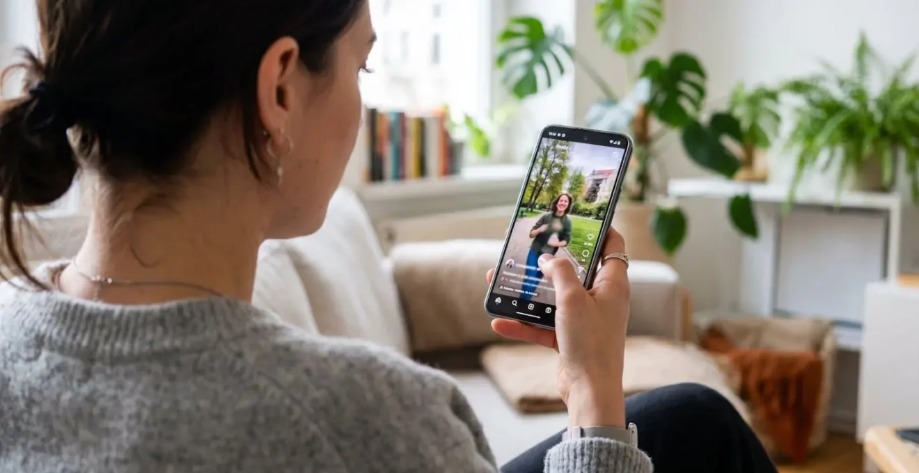 Eine Hand hält ein Smartphone und scrollt durch einen Social-Media-Feed mit verschiedenen Video-Inhalten