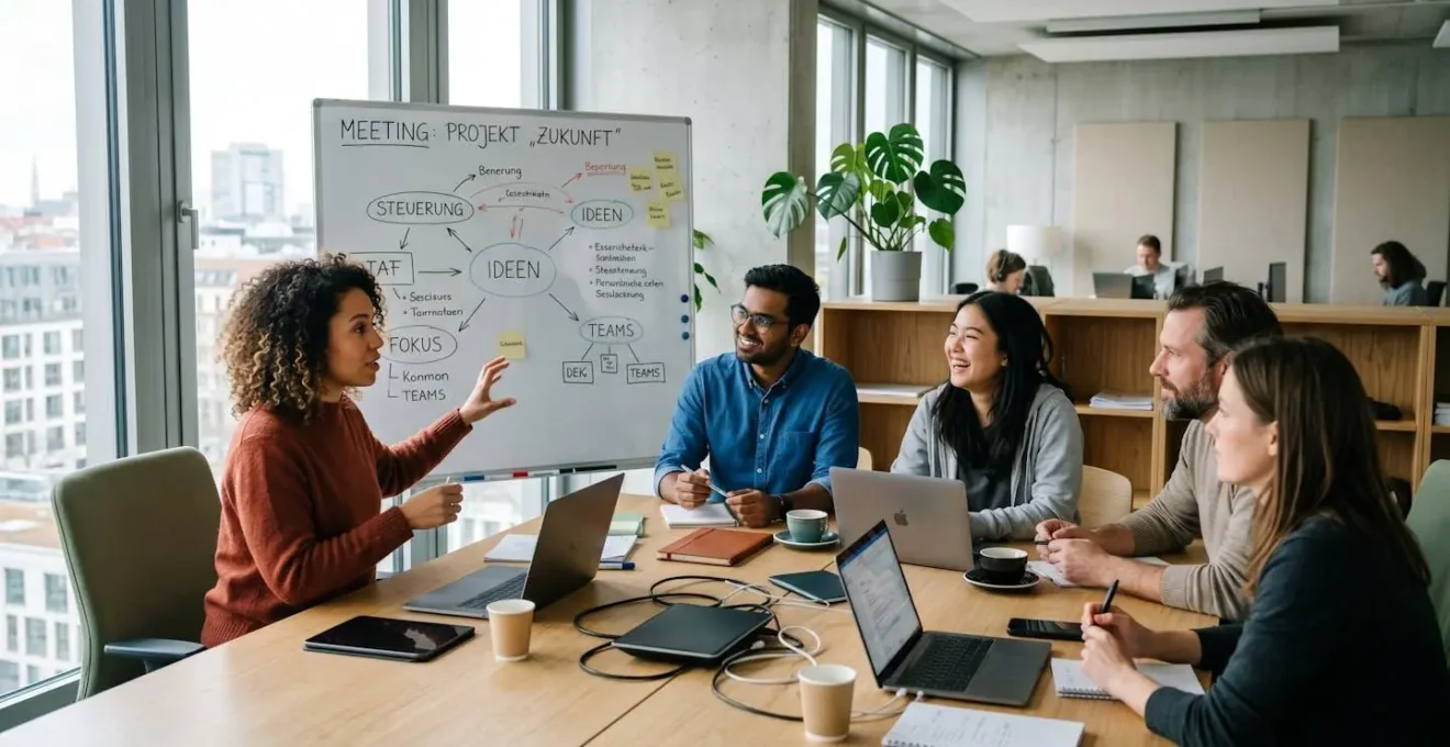 Ein diverses Team bei einem informellen Meeting in einem modernen Büro, natürliche Interaktion bei einer Brainstorming-Session