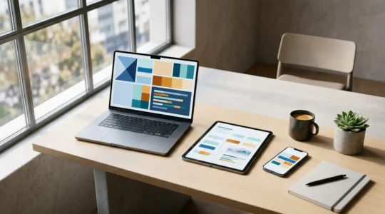 Professioneller Arbeitsplatz mit modernen Projektmanagement-Tools und digitaler Zusammenarbeit