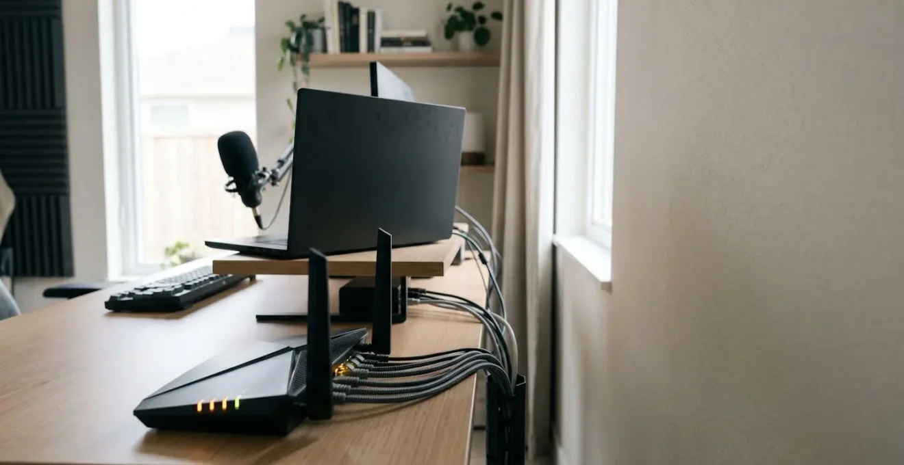 Professionelles Webinar-Streaming-Setup mit mehreren Netzwerkverbindungen für unterbrechungsfreie Übertragung