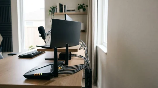Professionelles Webinar-Streaming-Setup mit mehreren Netzwerkverbindungen für unterbrechungsfreie Übertragung