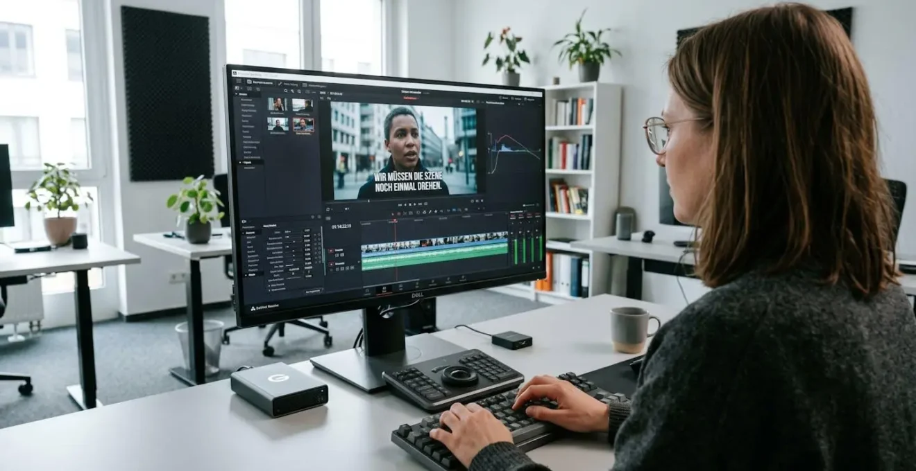 Ein professioneller Video-Editor von hinten über die Schulter fotografiert, Hände auf Tastatur, beim Korrigieren automatisch generierter Untertitel auf einem grossen Bildschirm, natürliche Arbeitshaltung in modernem Büro