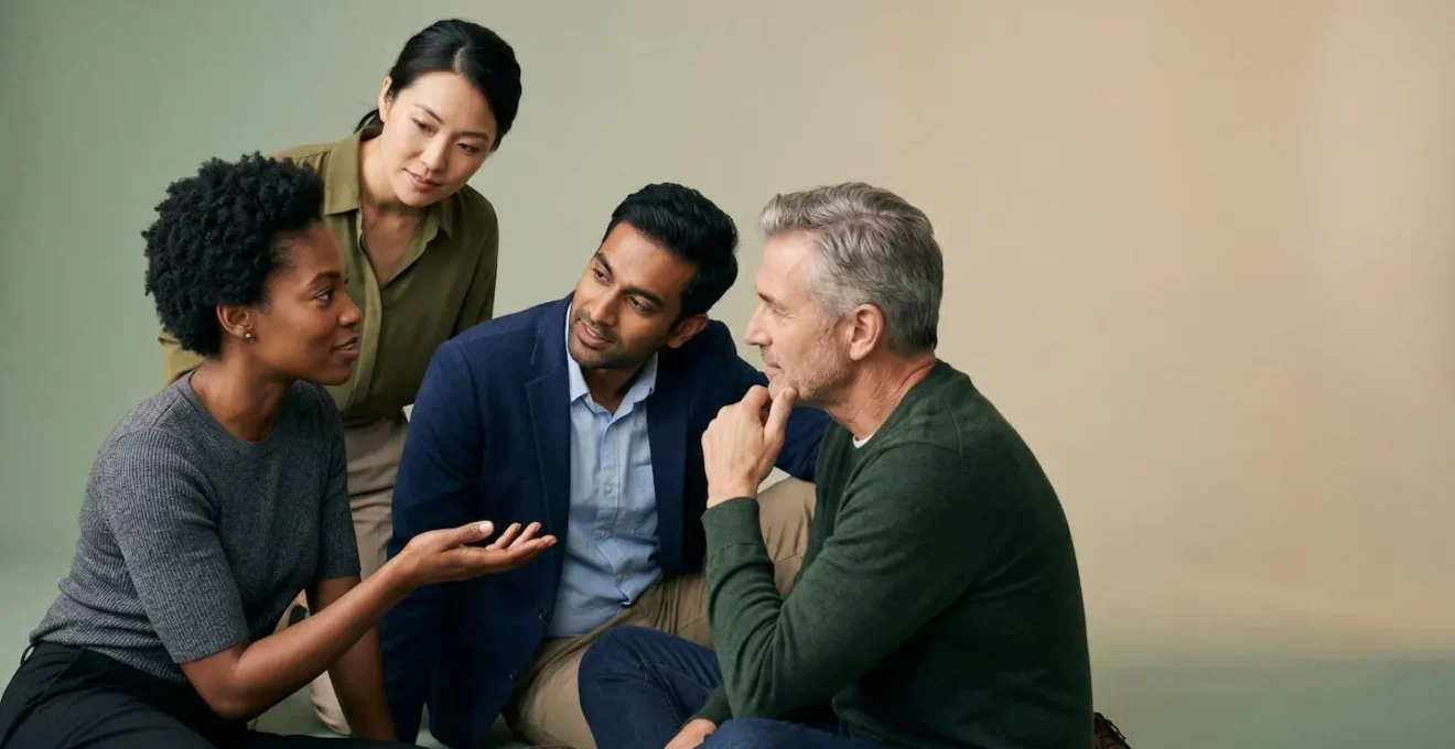 Gruppe diverser Menschen in digitalen Interaktionsräumen mit authentischen Gesten der Verbindung