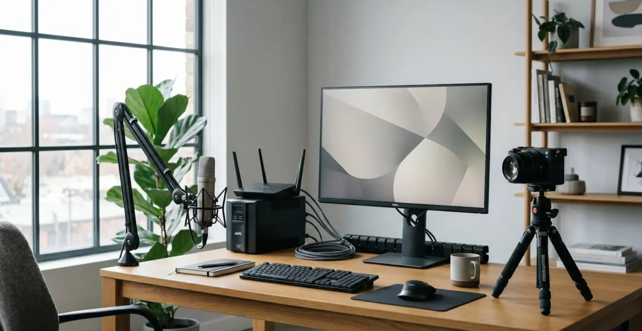 Professionelles Webinar-Setup mit essentiellen technischen Komponenten für zuverlässige Übertragung