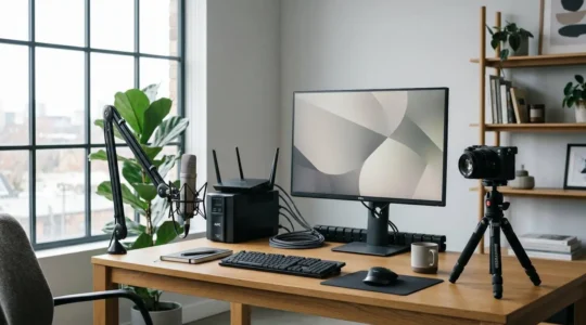 Professionelles Webinar-Setup mit essentiellen technischen Komponenten für zuverlässige Übertragung