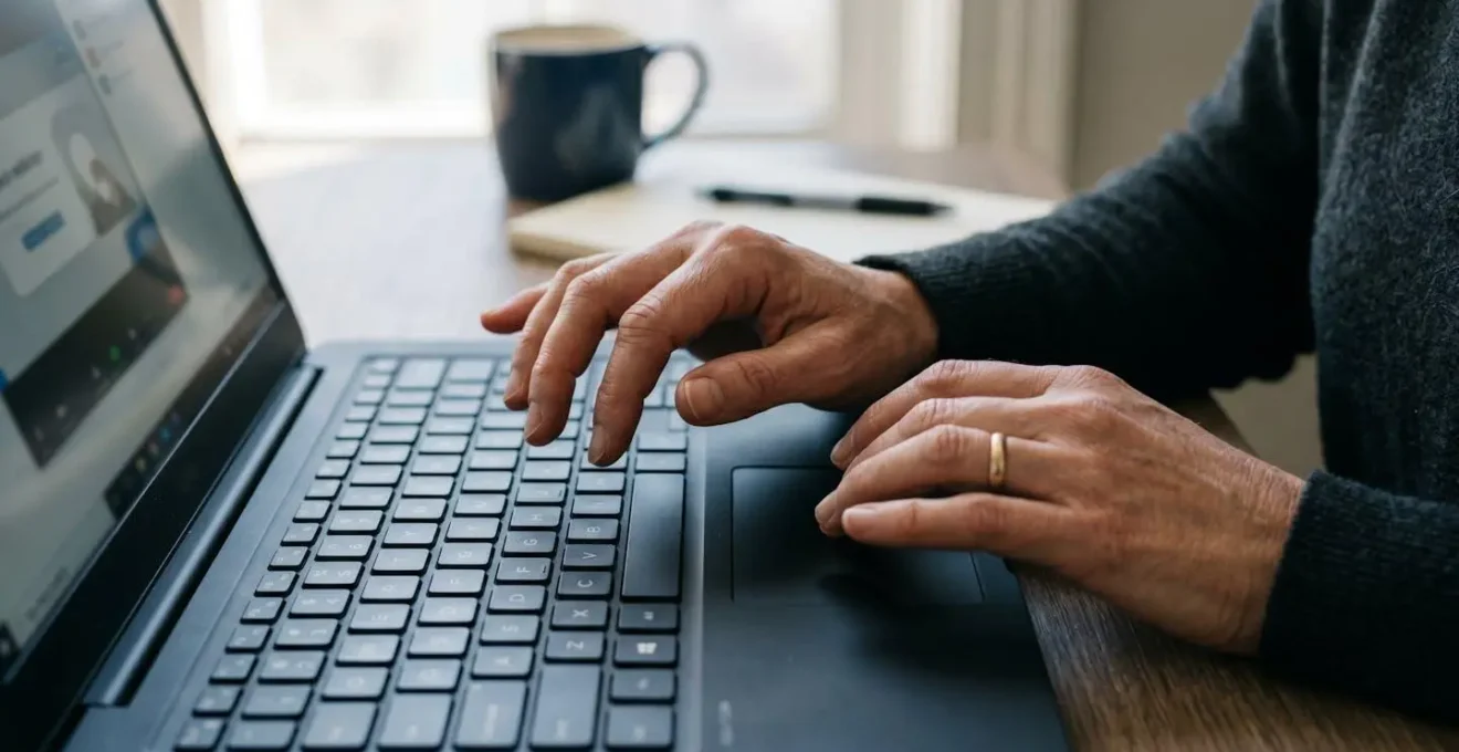 Nahaufnahme einer Hand über einem Laptop-Touchpad im Moment der Entscheidung während eines Webinars