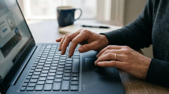 Nahaufnahme einer Hand über einem Laptop-Touchpad im Moment der Entscheidung während eines Webinars