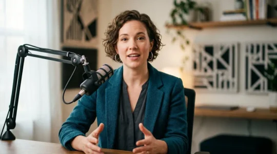 Professioneller Webinar-Sprecher mit hochwertigem Audio-Setup in natürlicher Umgebung