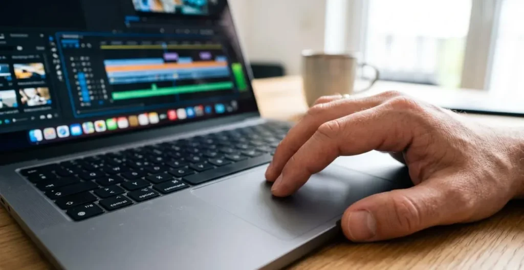 Extreme Nahaufnahme einer Hand am Laptop-Trackpad mit verschwommenem Video-Interface im Hintergrund