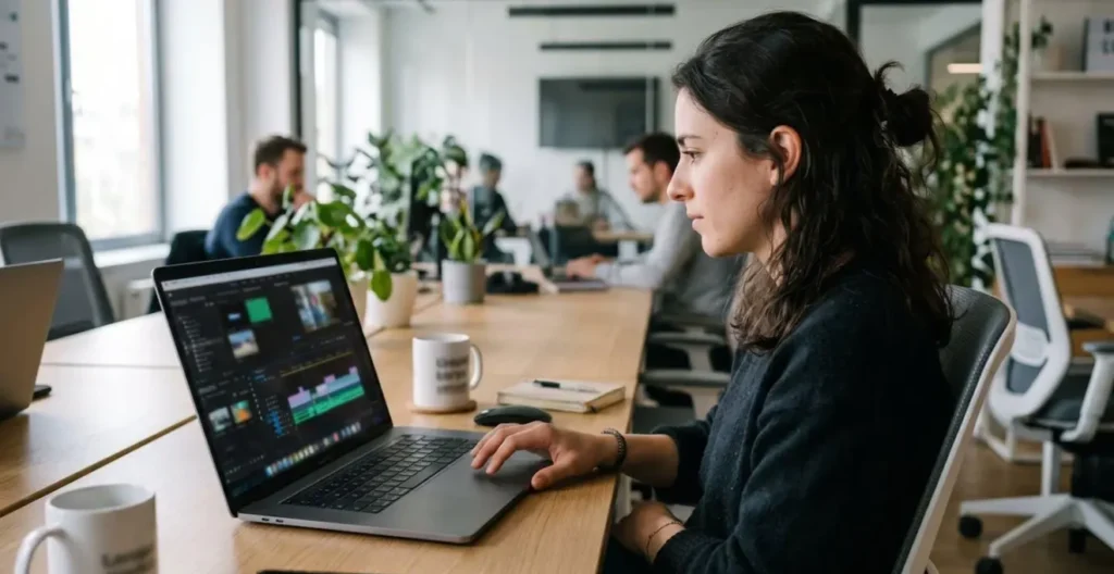 Person im Seitenprofil beim Bearbeiten eines Videos am Laptop in modernem Büro